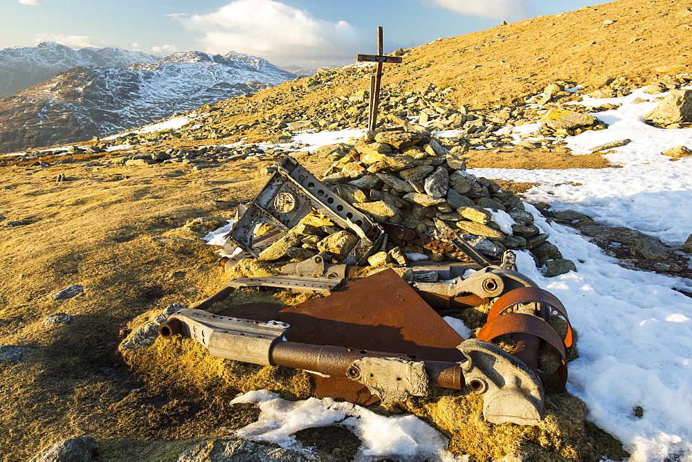 Remains of a Second World War Canadian Halifax Bomber, which crashed in October 1944 on Great Carrs, Lake District, Cumbria, England, United Kingdom, Europe