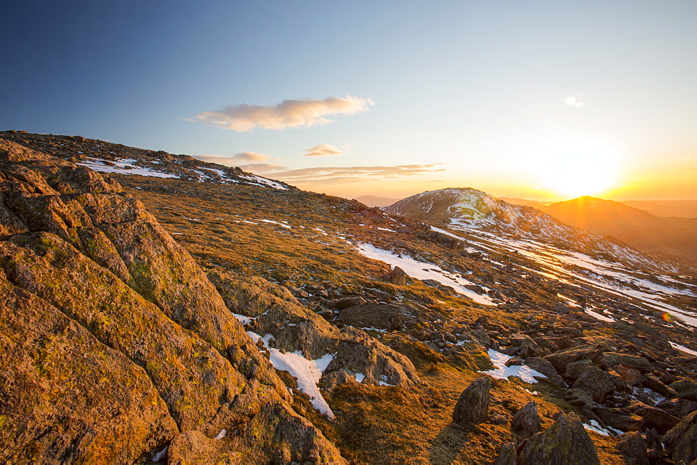 Sunset over Grey Friar and Harter Fell from Great Carrs in the Lake District, Cumbria, England, United Kingdom, Europe