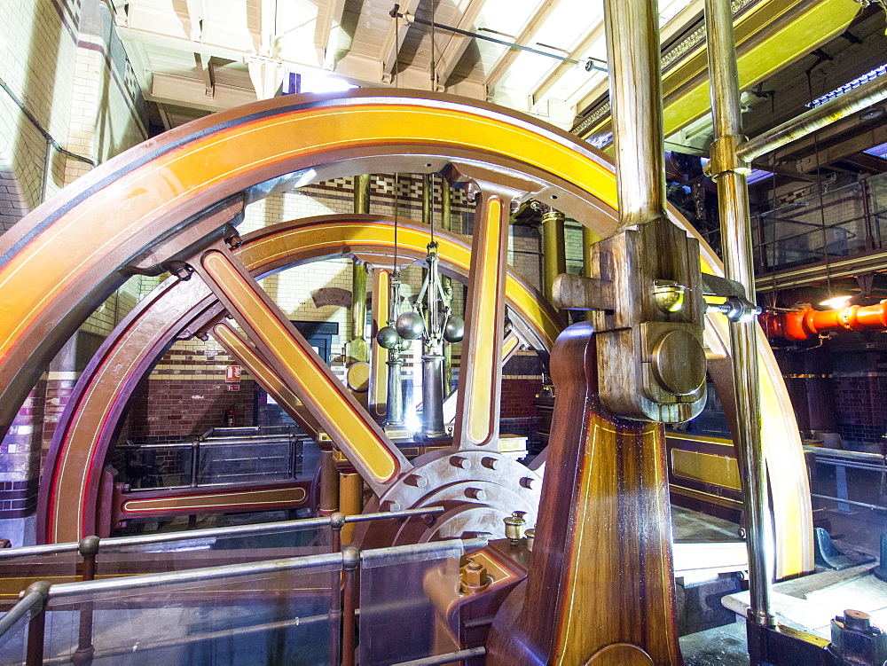 The original steam engine pump in the Abbey Pumping Station, an old sewage pumping station museum in Leicester, England, United Kingdom, Europe