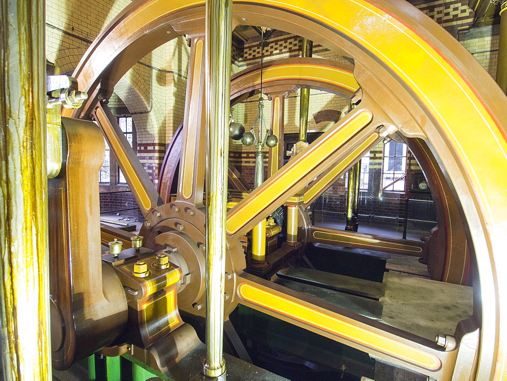 The original steam engine pump in the Abbey Pumping Station, an old sewage pumping station museum in Leicester, England, United Kingdom, Europe