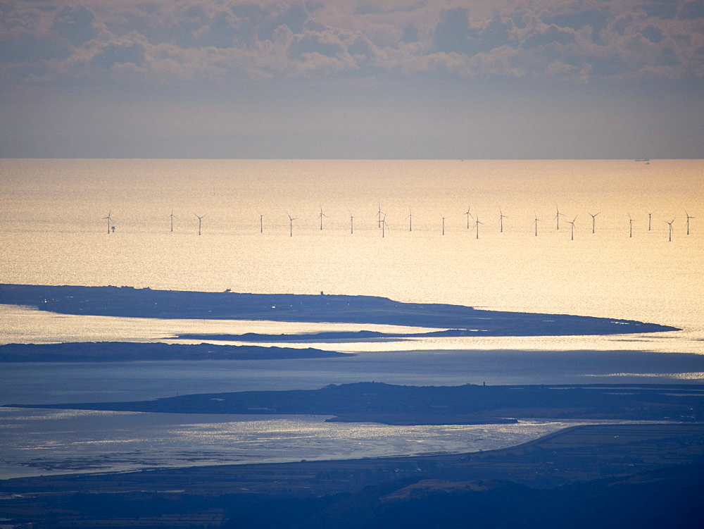 Looking down on an offshore wind farm just off Walney Island near Barrow in Furness, from the summit of Scafell Pike, the highest point in England, Lake District, Cumbria, England, United Kingdom, Europe