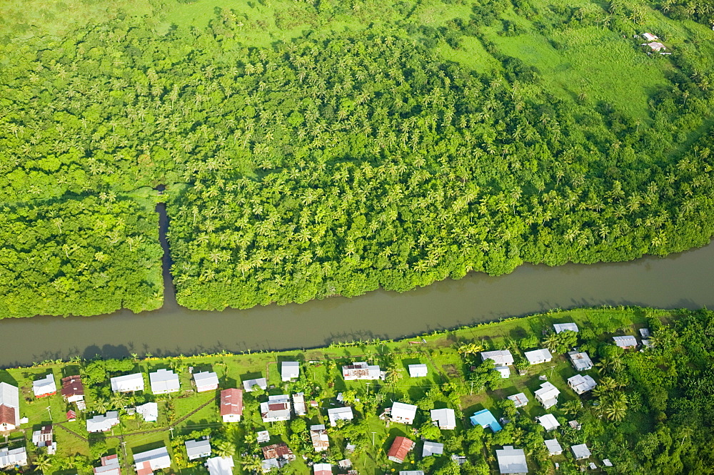 Deforestation of rainforest round a village on Fiji, Pacific