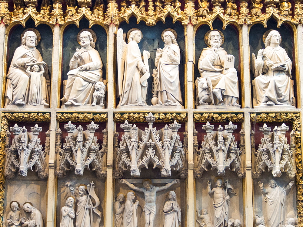 Stone carvings behind the altar in St. Laurence's church in Ludlow, Shropshire, England, United Kingdom, Europe