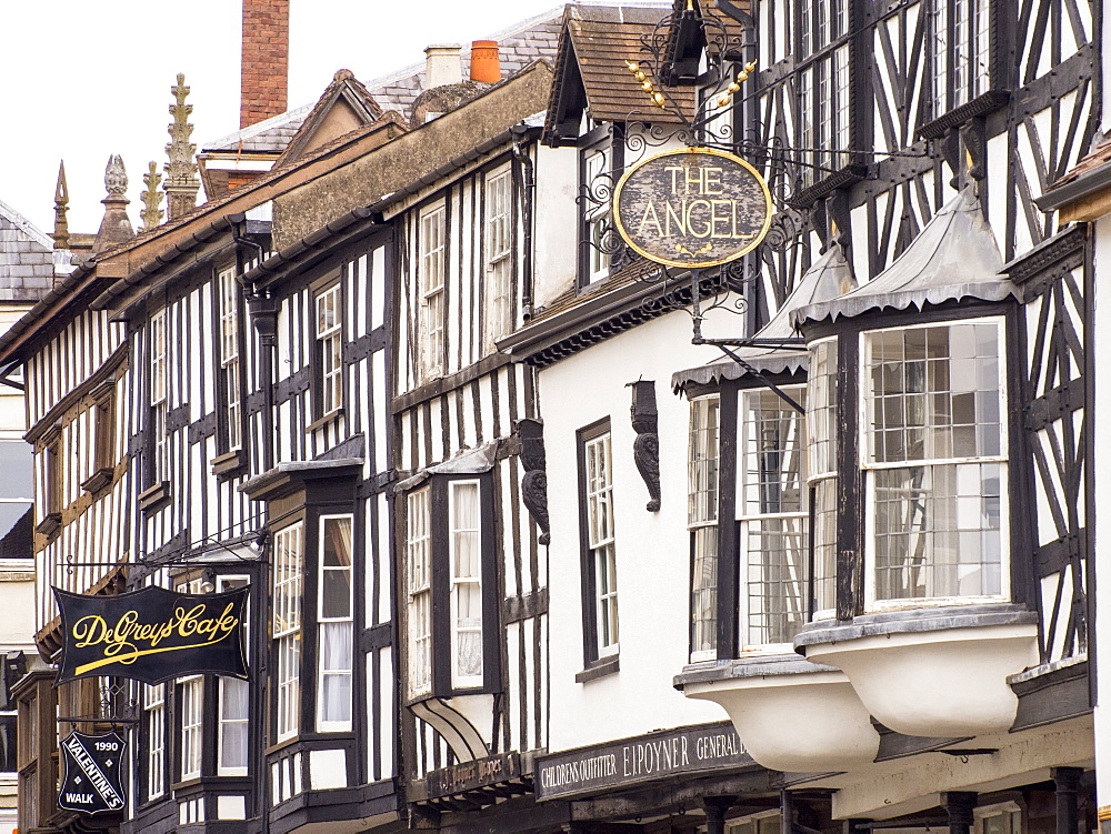 Ancient 17th century shops in the centre of Ludlow, Shropshire, England, United Kingdom, Europe