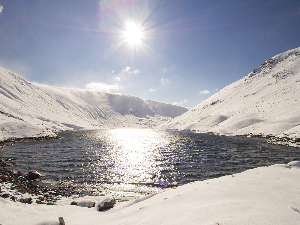 Hayeswater reservoir above Hartsop in Patterdale in unseasonally cold weather in late March 2013, Lake District,  Cumbria, England, United Kingdom, Europe