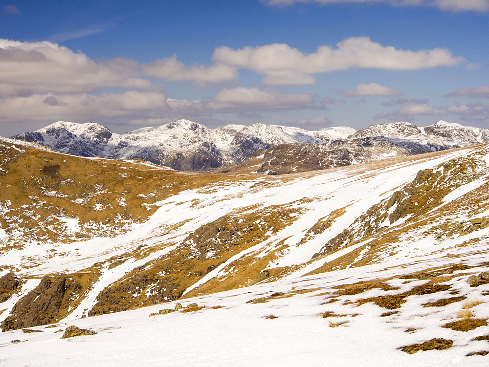 The Scafell range from Consiton Old Man, Lake District, Cumbria, England, United Kingdom, Europe