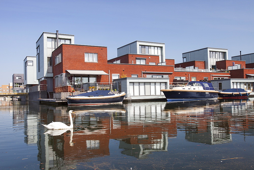 Houses in Almere next to canal, Flevoland, Netherlands, Europe