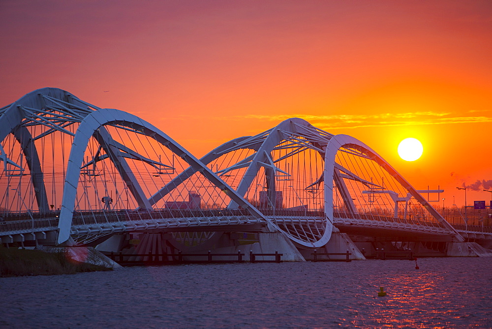 A modern steel bridge over the Ij Meer to Ijburg, Amsterdam, Netherlands, Europe