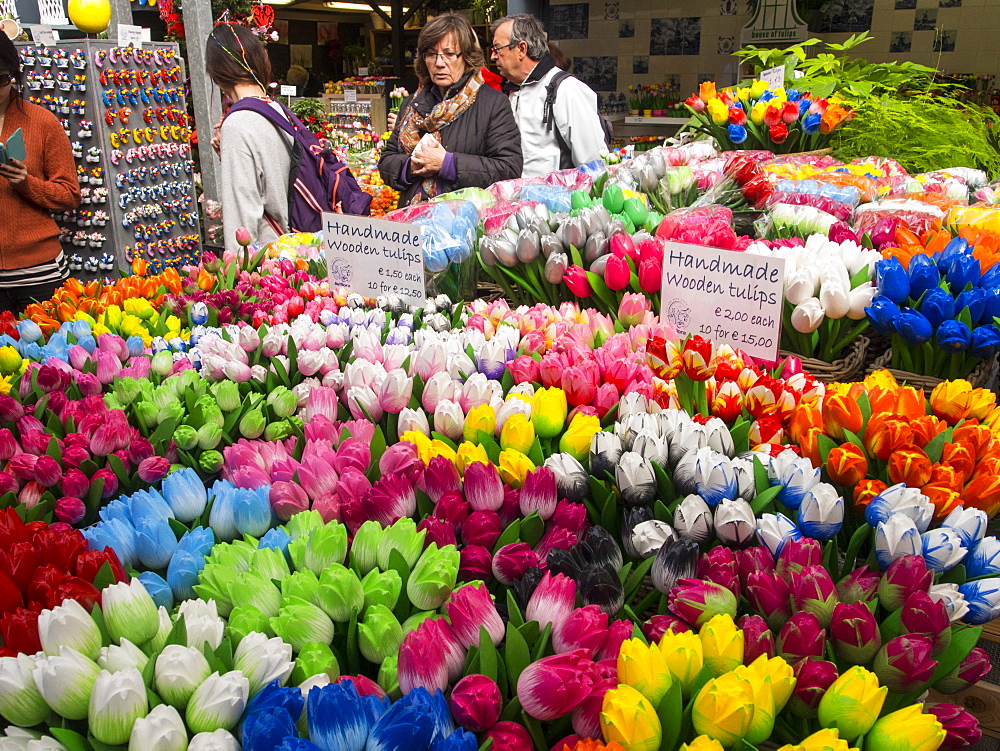 Wooden tulips for sale at a market in Amsterdam, Netherlands, Europe