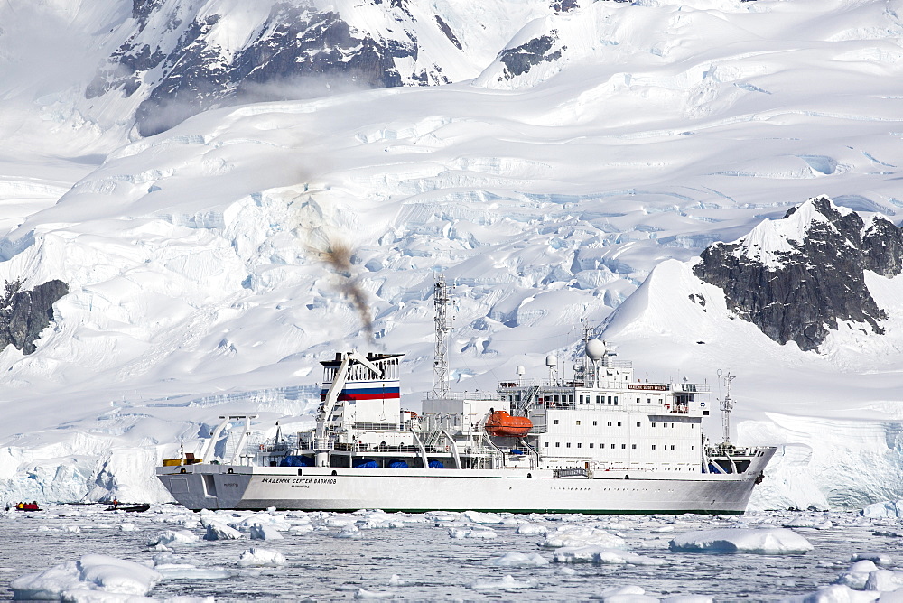 Emissions from the Akademik Sergey Vavilov, an ice strengthened ship on an expedition cruise to Antarctica, in Paradise Bay in the Antarctic Peninsular, which is one of the fastest warming places on the planet.