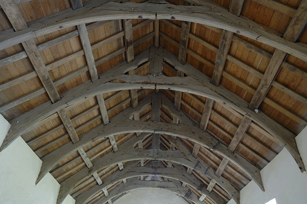 Detail of wooden church roof, Eglwys y Grog Church of the Holy Cross, Mwnt, Ceredigion, Wales, UK, Europe