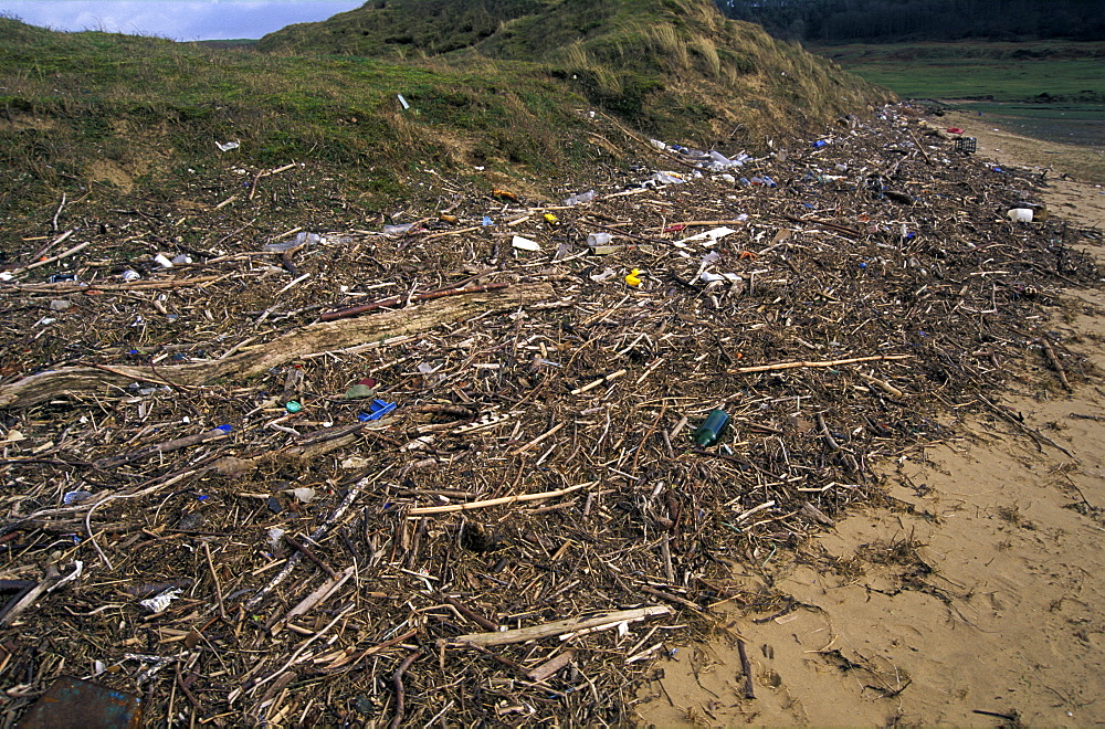 Strandline pollution, River Ogmore, Vale of Glamorgan, Wales, UK