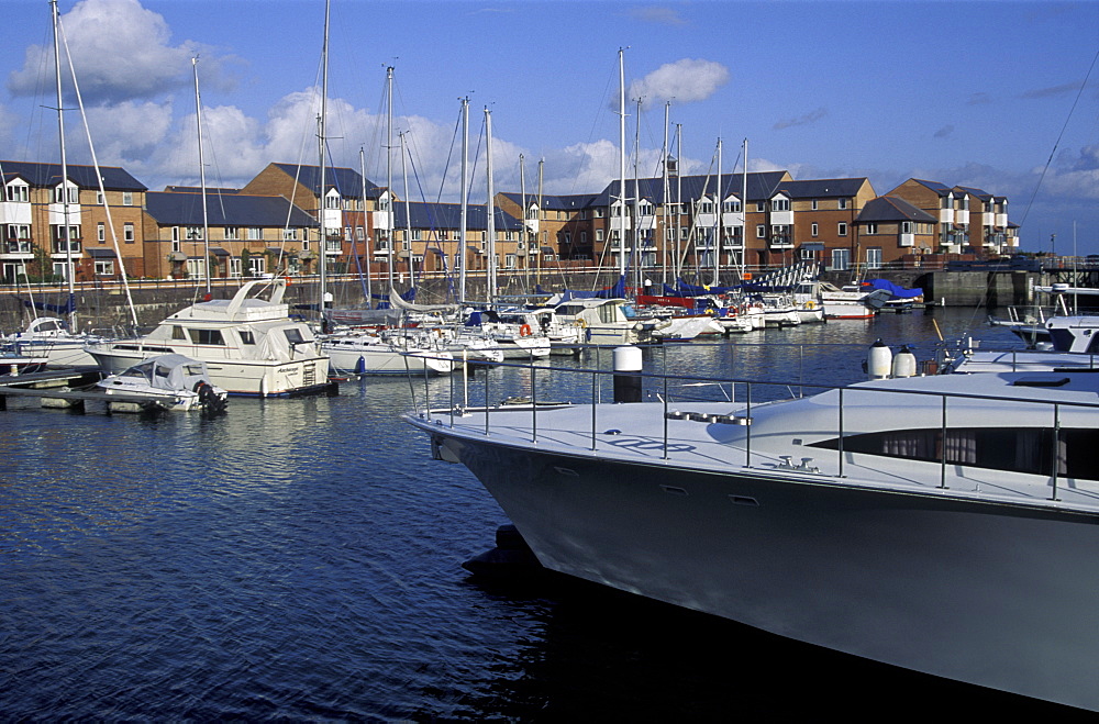 Moored Boats and Housing, Penarth Marina, Cardiff Bay, South Wales