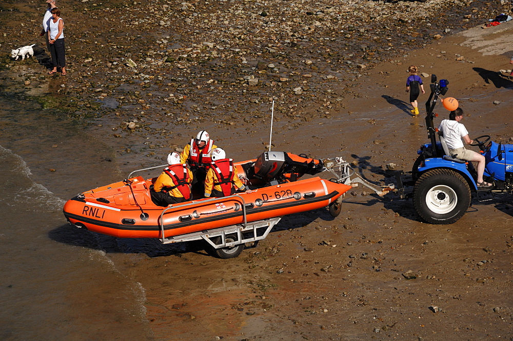 RNLI inshore rescue boat demonstration rescue, Little Haven Summer Regatta, Pembrokeshire, Wales, UK, Europe