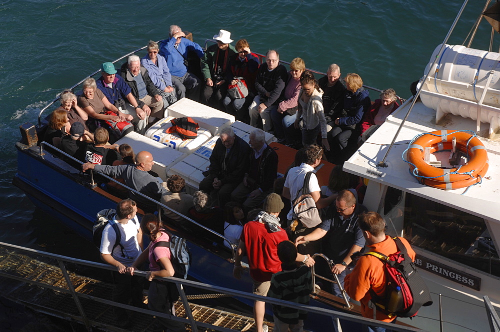 Tourists boarding the Dale Princess at Martins Haven, Martins Haven, Pembrokeshire, Wales, UK, Europe