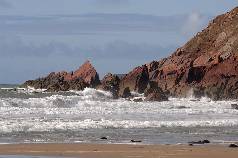 Waves and cliff, West Dale beach, Dale, Pembrokeshire, Wales, UK, Europe