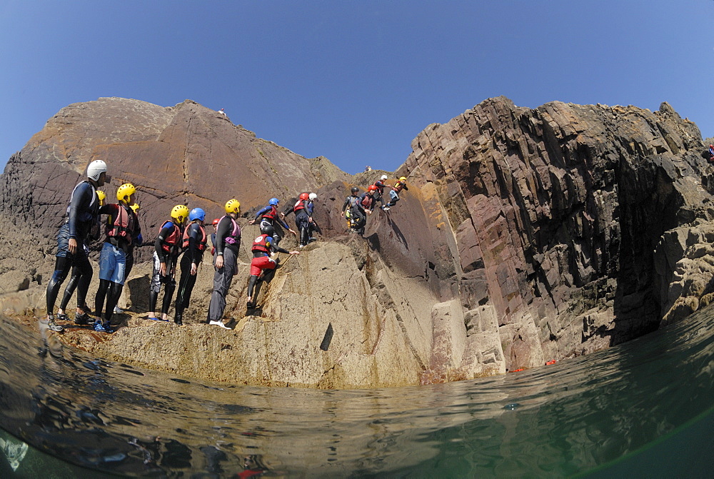 Coasteering, St. Non's Bay, Pembrokeshire, Wales, UK, Europe