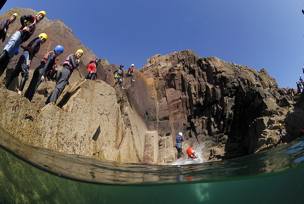 Coasteering, St. Non's Bay, Pembrokeshire, Wales, UK, Europe