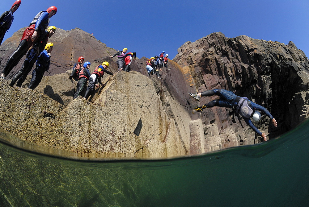 Coasteering, St. Non's Bay, Pembrokeshire, Wales, UK, Europe