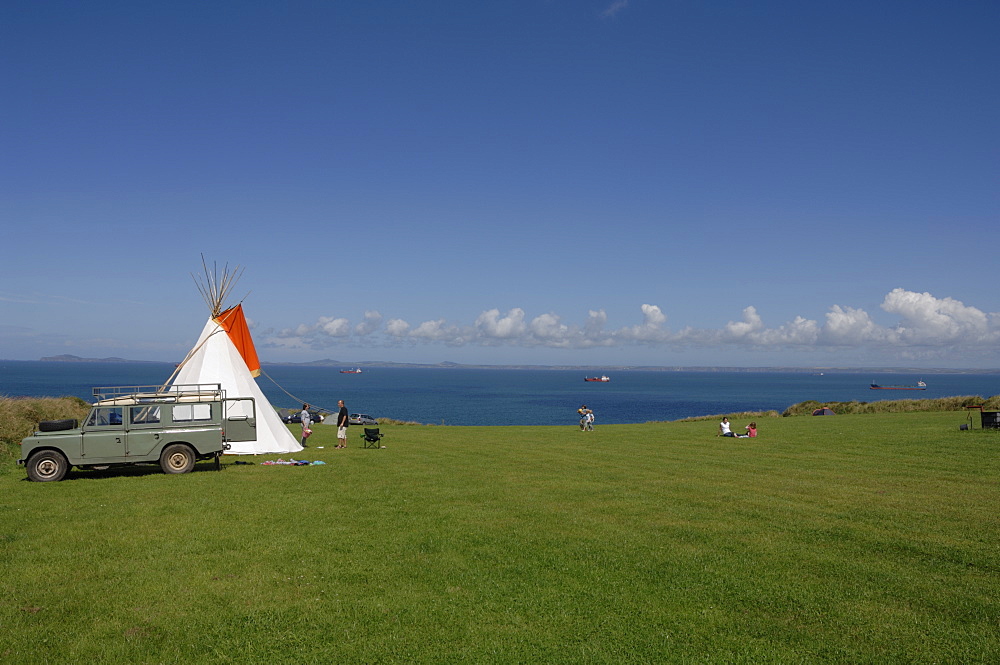 Teepee or wigwam tent, coastal campsite, West Hook Farm, Marloes, Pembrokeshire, Wales, UK, Europe