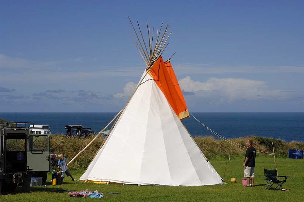 Teepee or wigwam tent, coastal campsite, West Hook Farm, Marloes, Pembrokeshire, Wales, UK, Europe