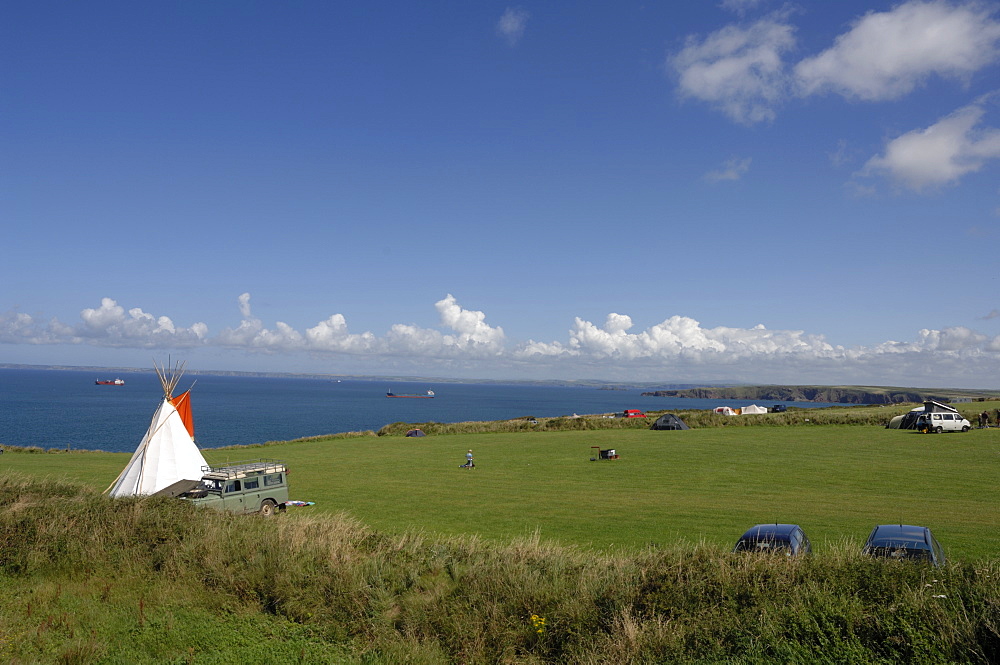 Teepee or wigwam tent, coastal campsite, West Hook Farm, Marloes, Pembrokeshire, Wales, UK, Europe