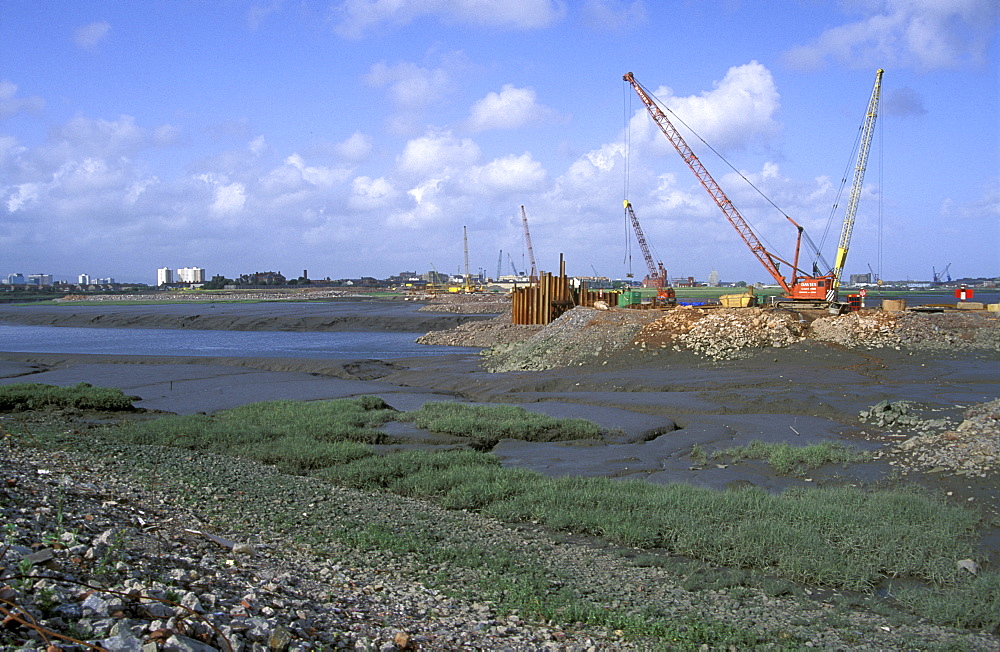 Construction on mudflats, Cardiff Bay, Wales, UK