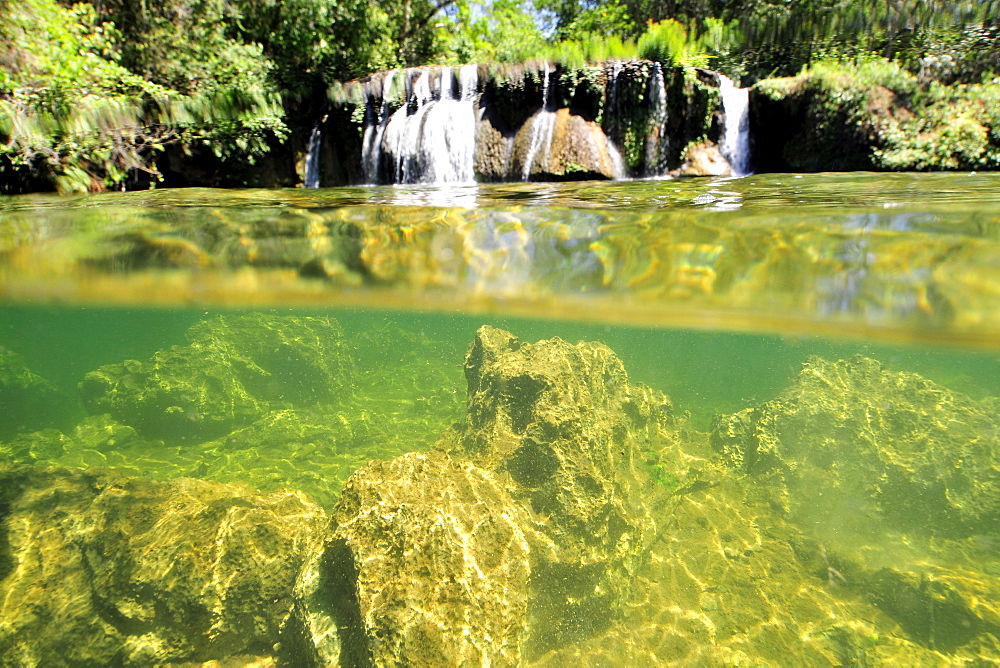 Split image of waterfall, Mimoso River, Estancia Mimosa, Bonito, Mato Grosso do Sul, Brazil, South America