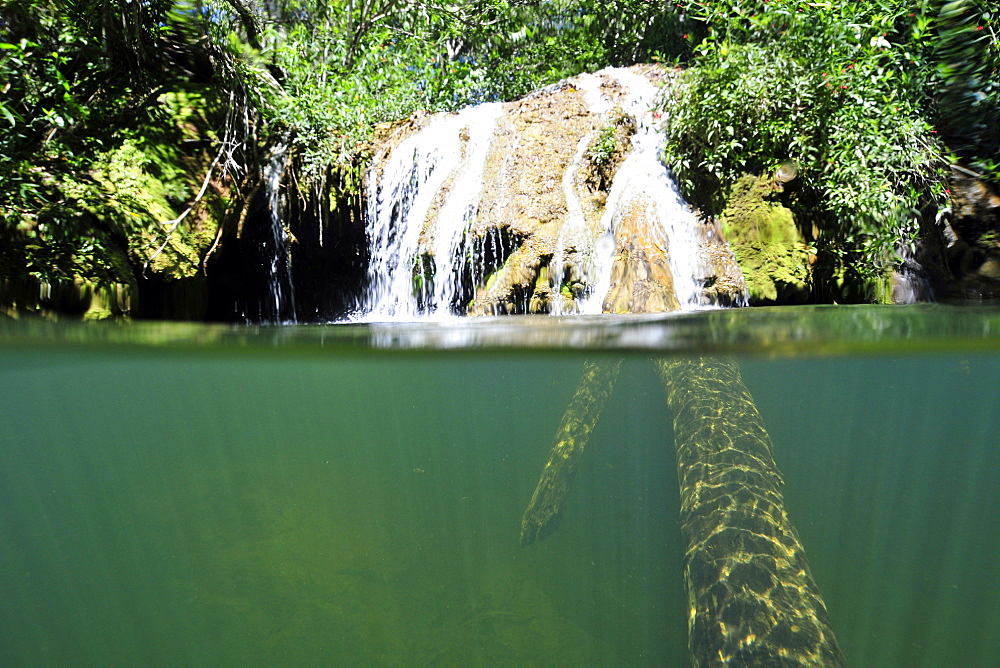 Split image of waterfall, Mimoso River, Estancia Mimosa, Bonito, Mato Grosso do Sul, Brazil, South America