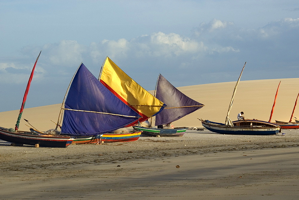 Jangadas, typical Brazilian fishing boat, at Jericoacoara Beach, Ceara, Brazil, South America