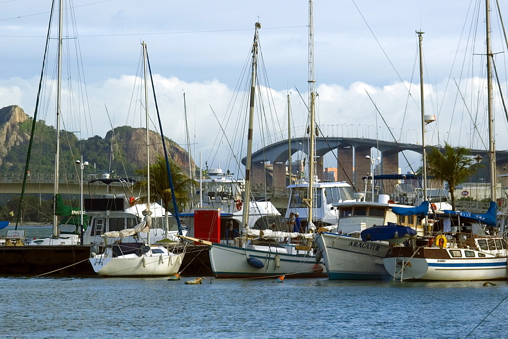 Boats moored at marina with Third Bridge in the background, Vitoria, Espirito Santo, Brazil, South America