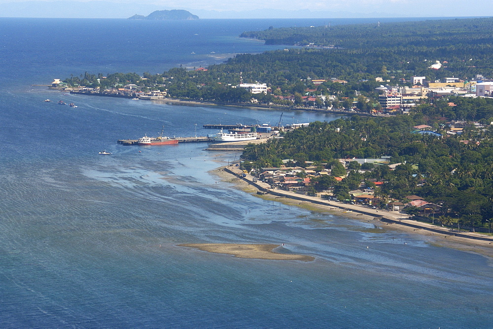 Aerial view of Dumaguete with Apo Island in the background, Negros Oriental, Philippines, Southeast Asia, Asia