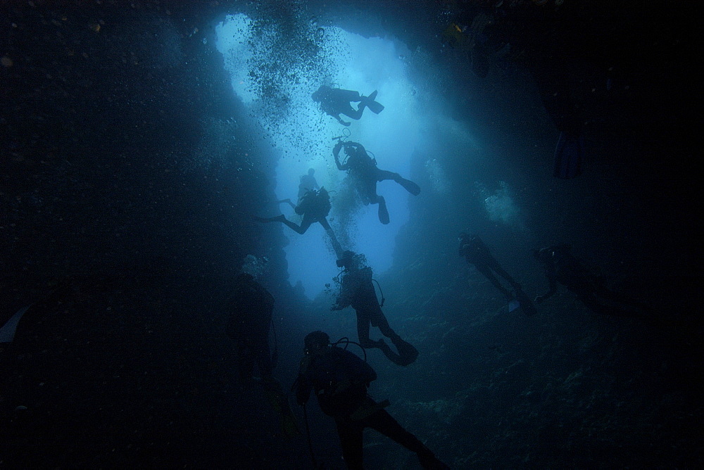 Divers entering blue hole, Palau, Caroline Islands, Micronesia, Pacific Ocean, Pacific