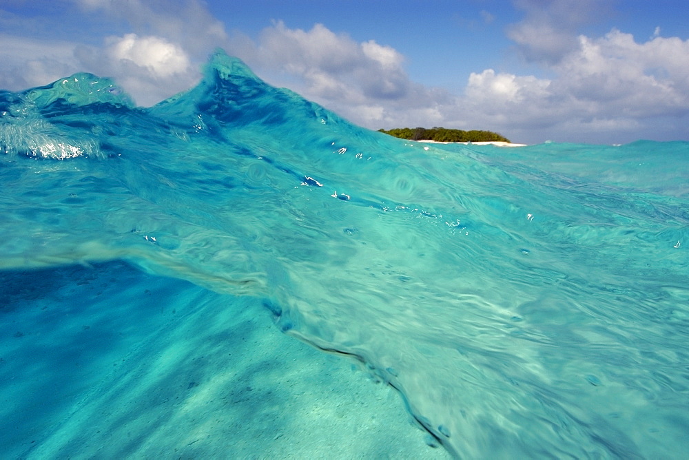 Split image of wave showing sandy bottom and island, Rongelap, Marshall Islands, Micronesia, Pacific