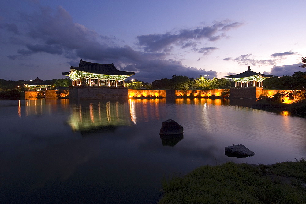 Silla Pavillion at Anapji lake during sunset hours, Gyeongju, South Korea, Asia