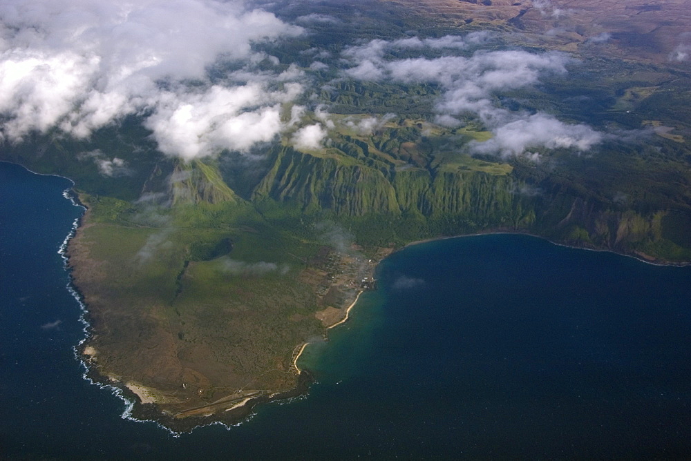 Aerial view of Kalaupapa peninsula and historical park, Molokai, Hawaii, United States of America, Pacific