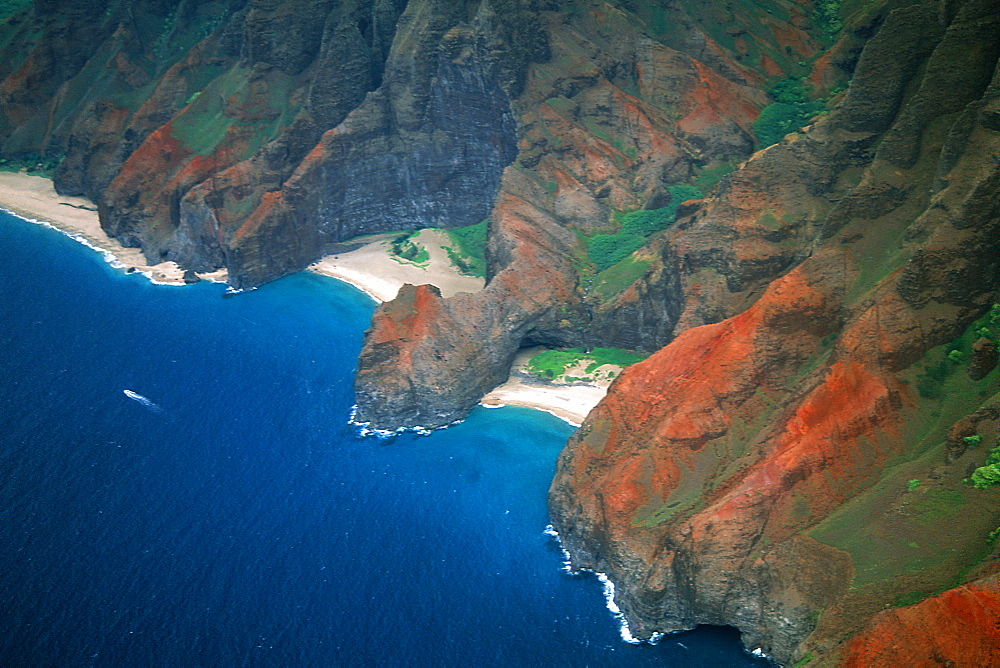 Aerial view of cliffs and hidden beaches on the Napali coast, Kauai, Hawaii, United States of America, Pacific