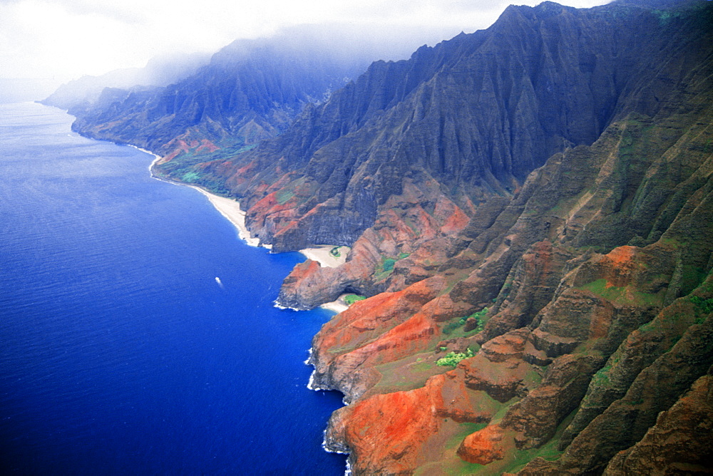 Aerial view of cliffs and hidden beaches on the Napali coast, Kauai, Hawaii, United States of America, Pacific