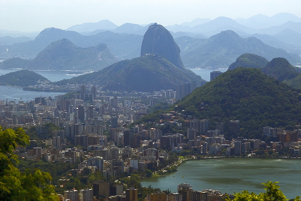 Sugarloaf Mountain with view of Guanabara Bay and Rodrigo de Freitas Lake, Rio de Janeiro, Brazil, South America