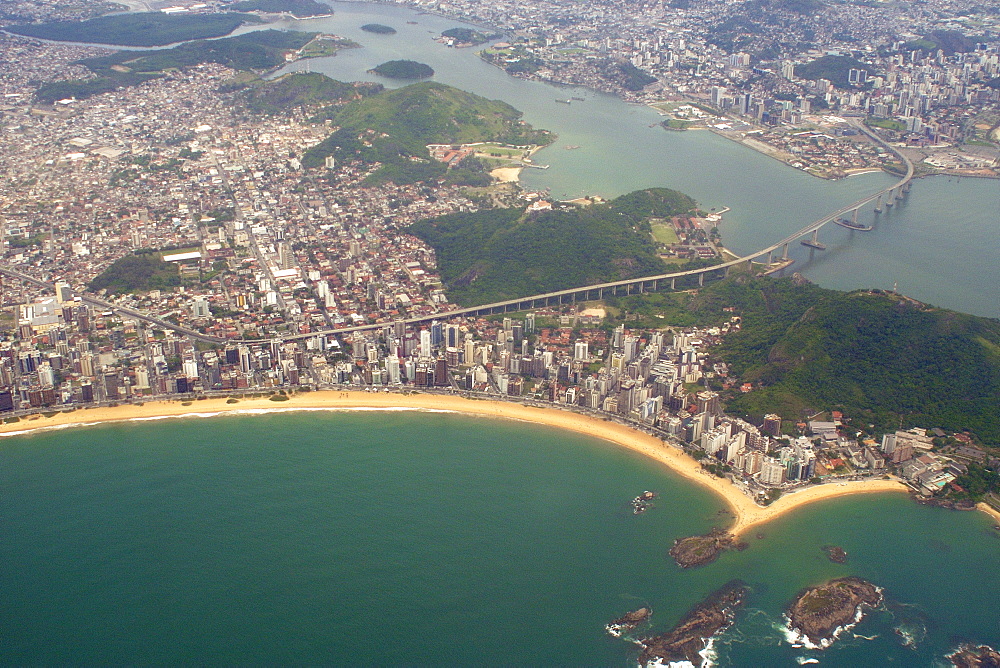 Aerial view of Costa beach in Vila Velha, and the Third Bridge, road connection to Vitoria, Espirito Santo, southeast Brazil, South America