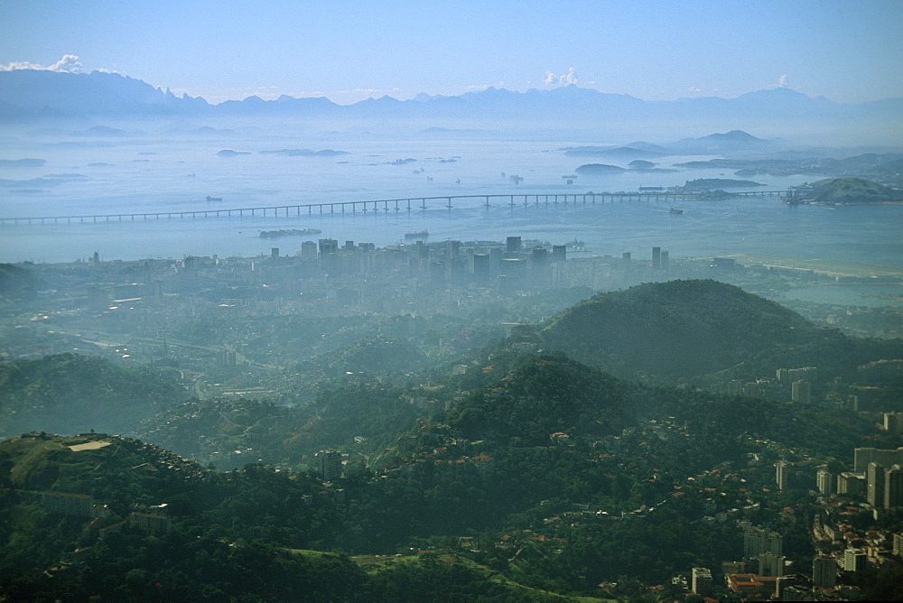 View of Rio-Niteroi bridge over Guanabara Bay under fog, Rio de Janeiro, Brazil, South America