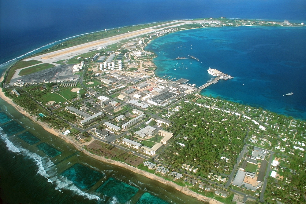 Aerial view of airport and military base on Kuwajelein island,  Marshall Islands, Pacific