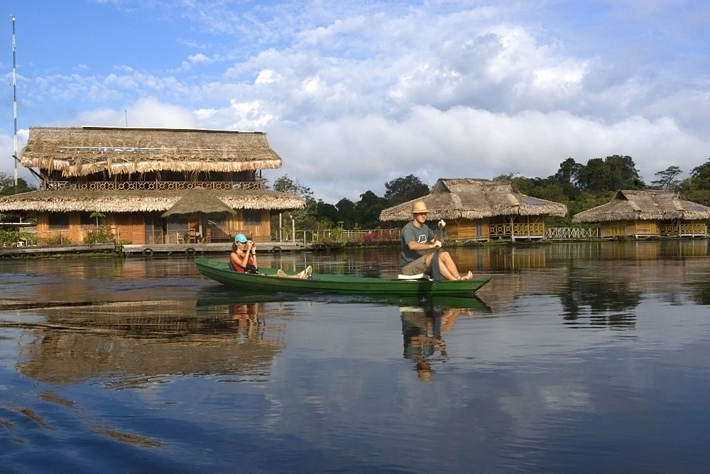 Canoe and Uakari floating lodge ecoresort, Mamiraua sustainable development reserve, Amazonas, Brazil, South America