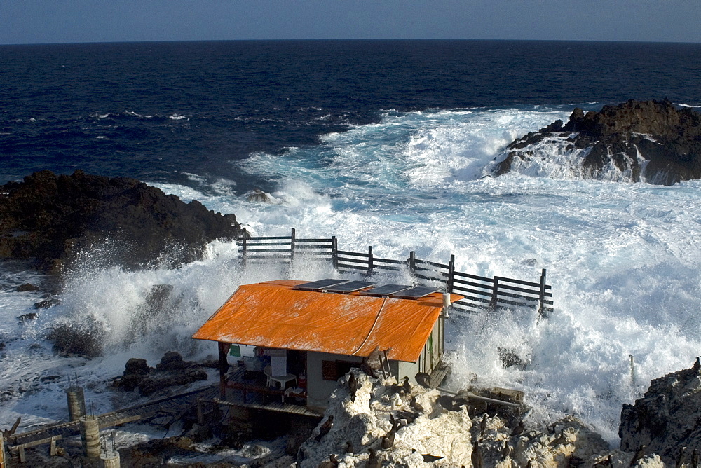 Waves pounding at field research station, St. Peter and St. Paul's rocks, Brazil, South America