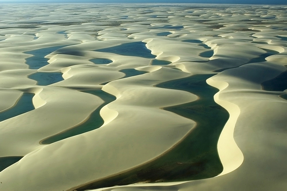 Aerial image of rain ponds in between sand dunes, Lencois Maranhenses, Maranhao, Brazil, South America