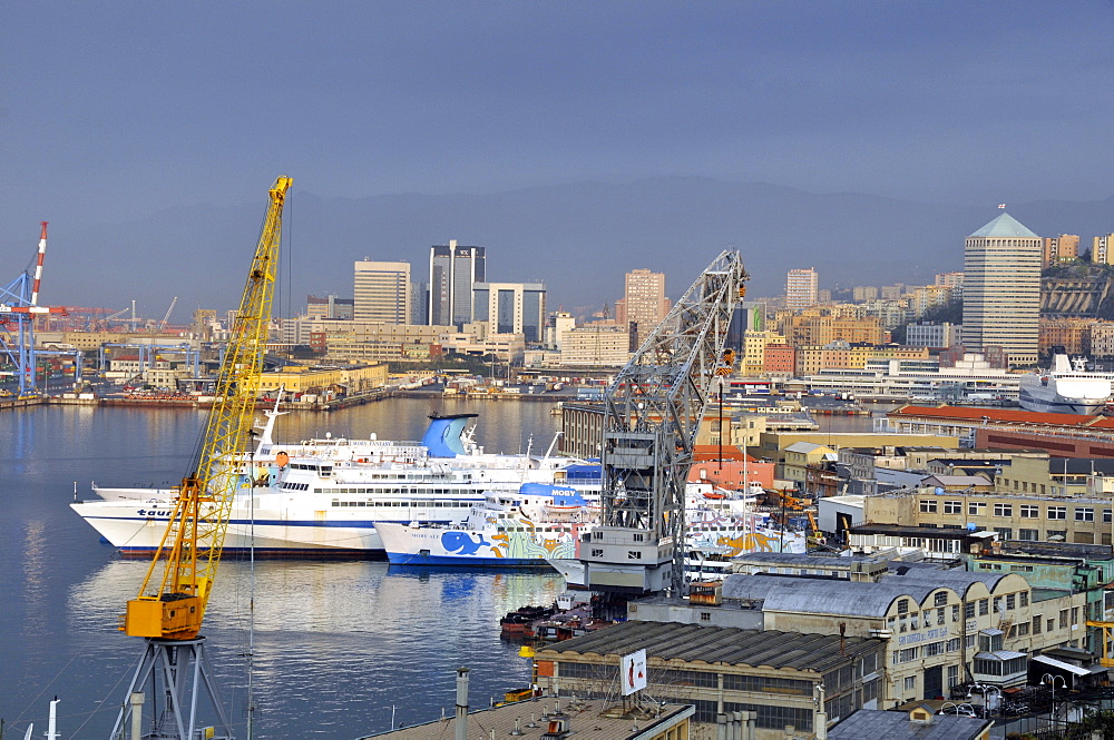 Ferry terminal and buildings at the waterfront in main harbour, Genova, Liguria, Italy, Europe