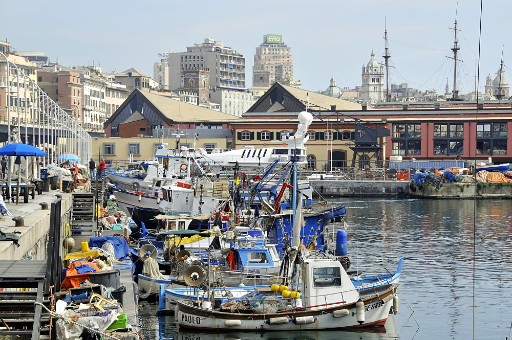 Old buildings and fishing boats line up the waterfront in main harbour, Genova, Liguria, Italy, Europe