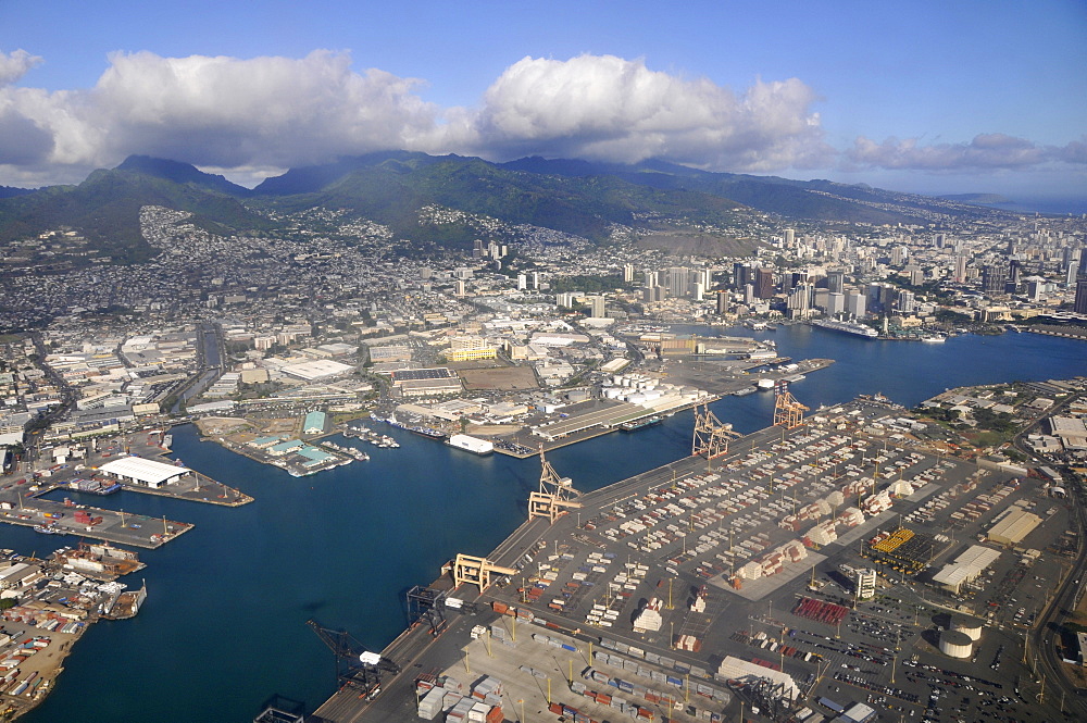 Aerial view of port area, sand island and Honolulu harbour, Oahu, Hawaii, United States of America, Pacific