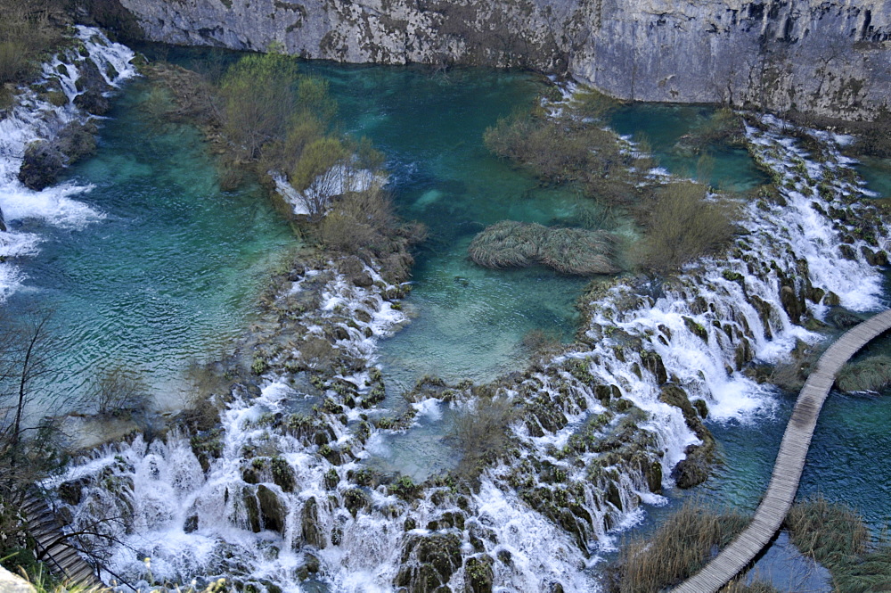 Waterfalls, clear springs and trail, Plitvice Jezera National Park, UNESCO World Heritage Site, Croatia, Europe