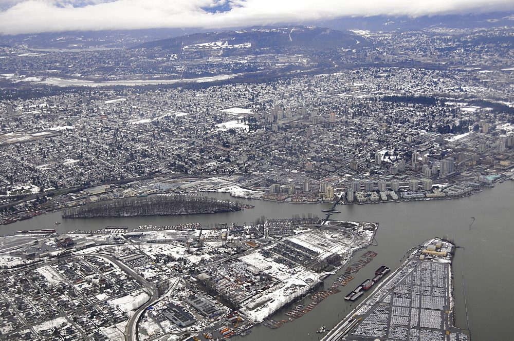 Aerial view of Fraser River, Vancouver and mountain range, British Columbia, Canada, North America